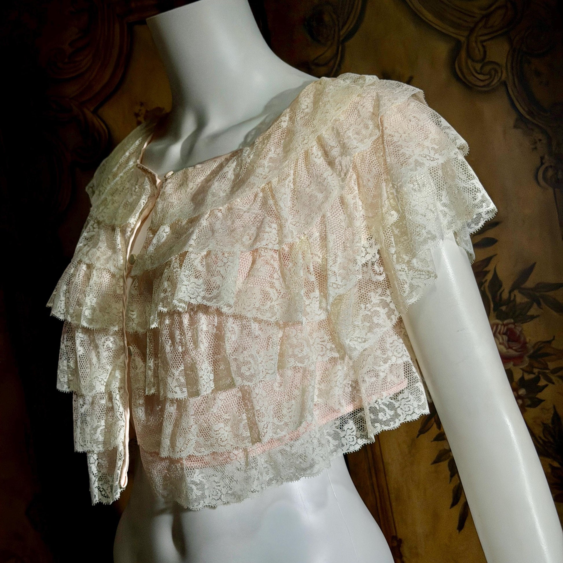 vintage 1950s bed night jacket, MONTALDO'S palest pink ruffled evening topper