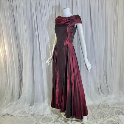 1940s vintage Evening Ball Gown, Deep Burgundy Shiny Satin Full Sweep Formal Dress