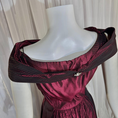 1940s vintage Evening Ball Gown, Deep Burgundy Shiny Satin Full Sweep Formal Dress