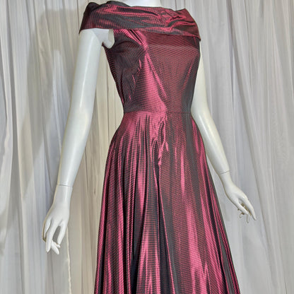 1940s vintage Evening Ball Gown, Deep Burgundy Shiny Satin Full Sweep Formal Dress