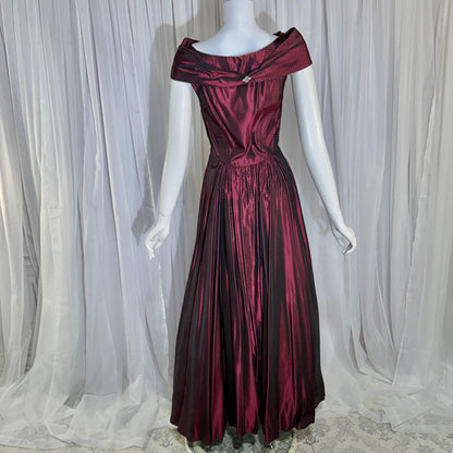 1940s vintage Evening Ball Gown, Deep Burgundy Shiny Satin Full Sweep Formal Dress
