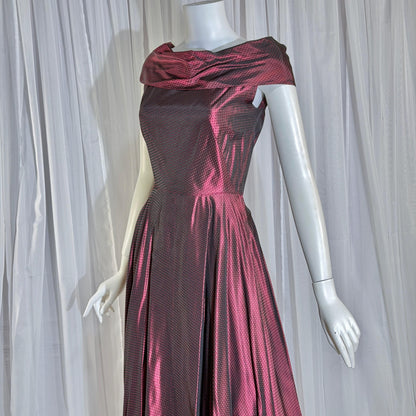 1940s vintage Evening Ball Gown, Deep Burgundy Shiny Satin Full Sweep Formal Dress