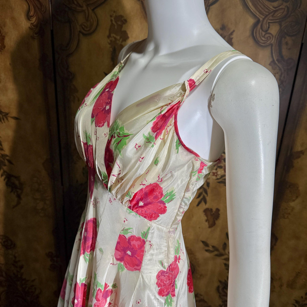 vintage 1940s Evening Ball Gown, Floral Taffeta full sweep formal slip dress