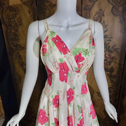 vintage 1940s Evening Ball Gown, Floral Taffeta full sweep formal slip dress