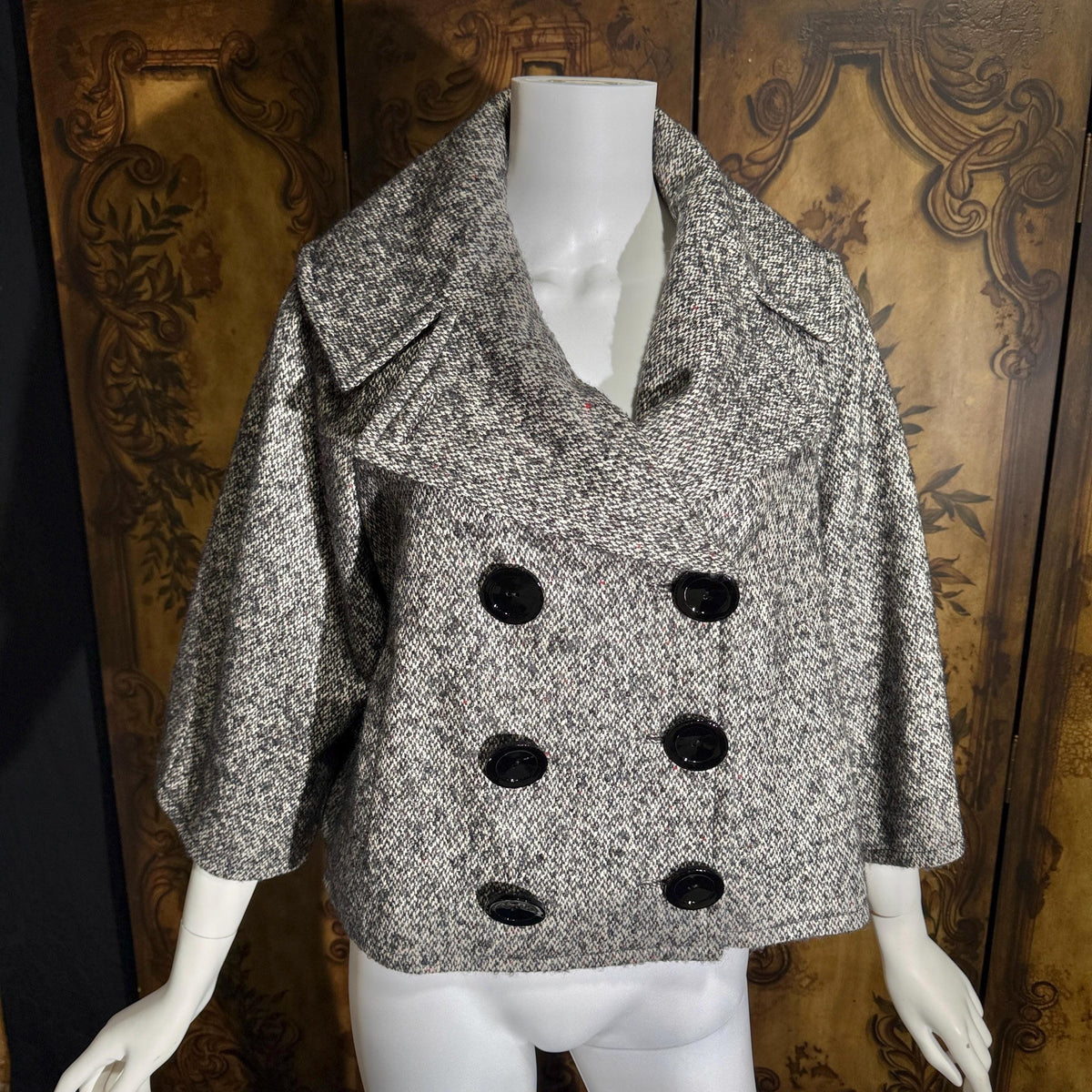 vintage Y2K jacket blazer, GIAMBATTISTA VALLI Black White Tweed wool cropped swing jacket Large