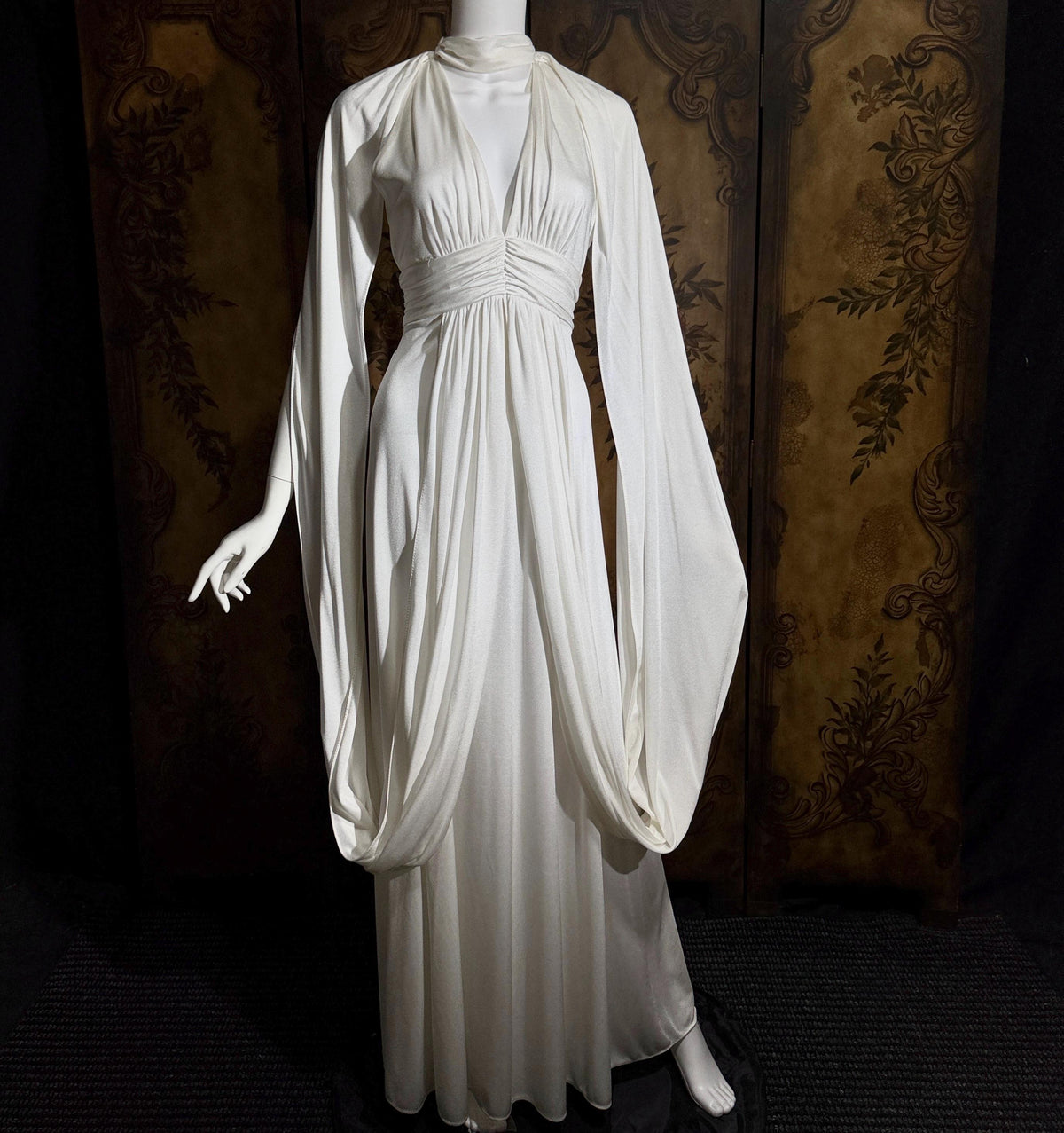 vintage wedding dress gown, 1970s Grecian Goddess white jersey knit gown drape panels