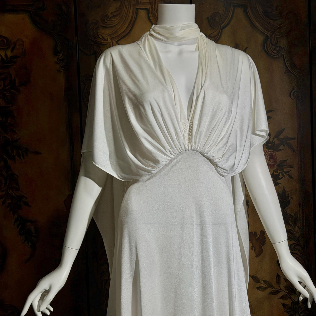 vintage wedding dress gown, 1970s Grecian Goddess white jersey knit gown drape panels
