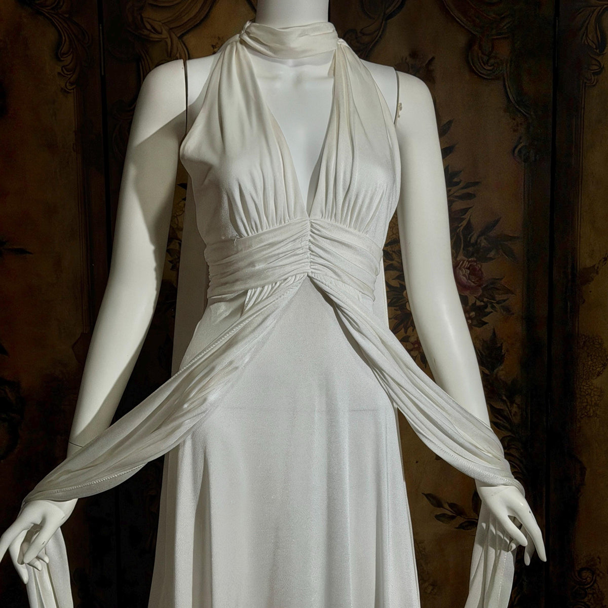 vintage wedding dress gown, 1970s Grecian Goddess white jersey knit gown drape panels