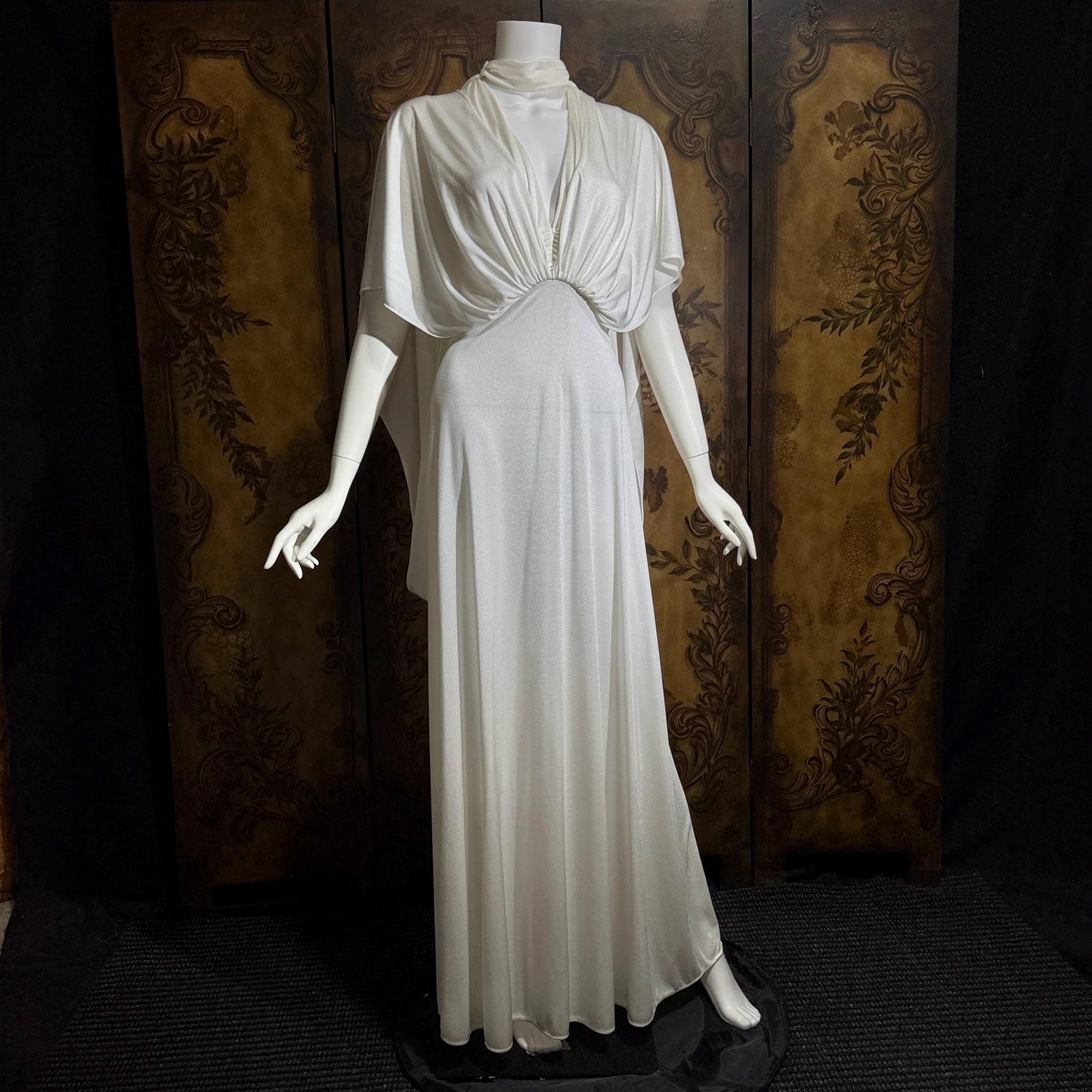 vintage wedding dress gown, 1970s Grecian Goddess white jersey knit gown drape panels
