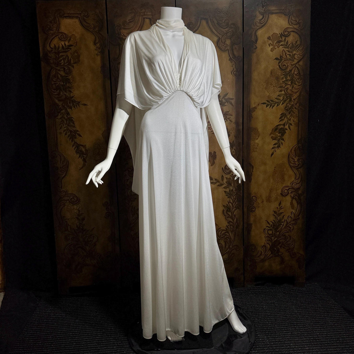 vintage wedding dress gown, 1970s Grecian Goddess white jersey knit gown drape panels