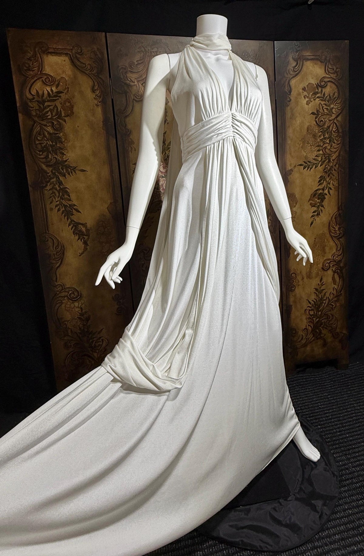 vintage wedding dress gown, 1970s Grecian Goddess white jersey knit gown drape panels
