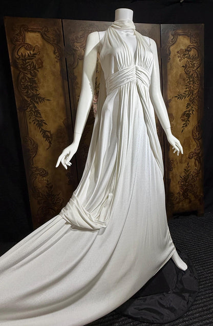vintage wedding dress gown, 1970s Grecian Goddess white jersey knit gown drape panels