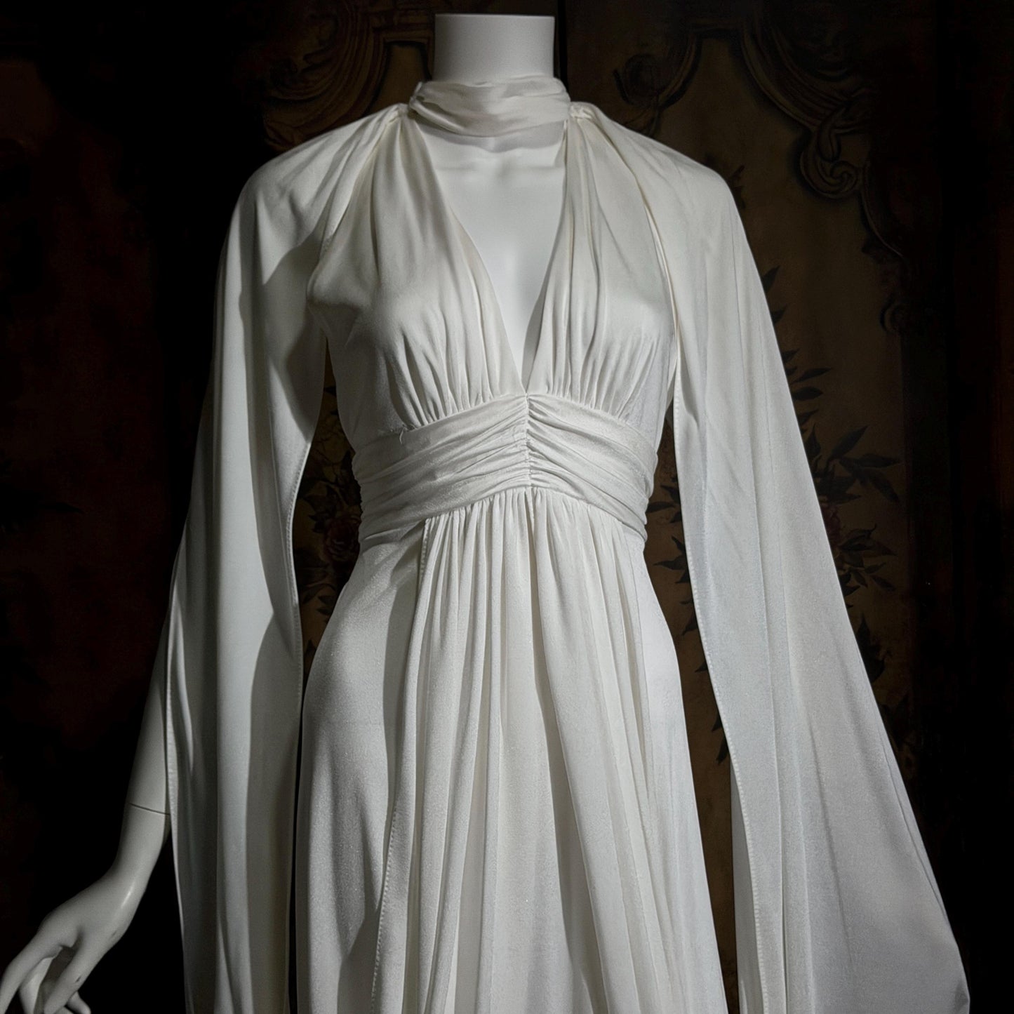vintage wedding dress gown, 1970s Grecian Goddess white jersey knit gown drape panels