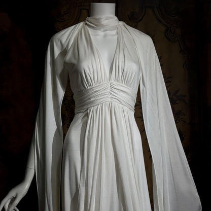 vintage wedding dress gown, 1970s Grecian Goddess white jersey knit gown drape panels