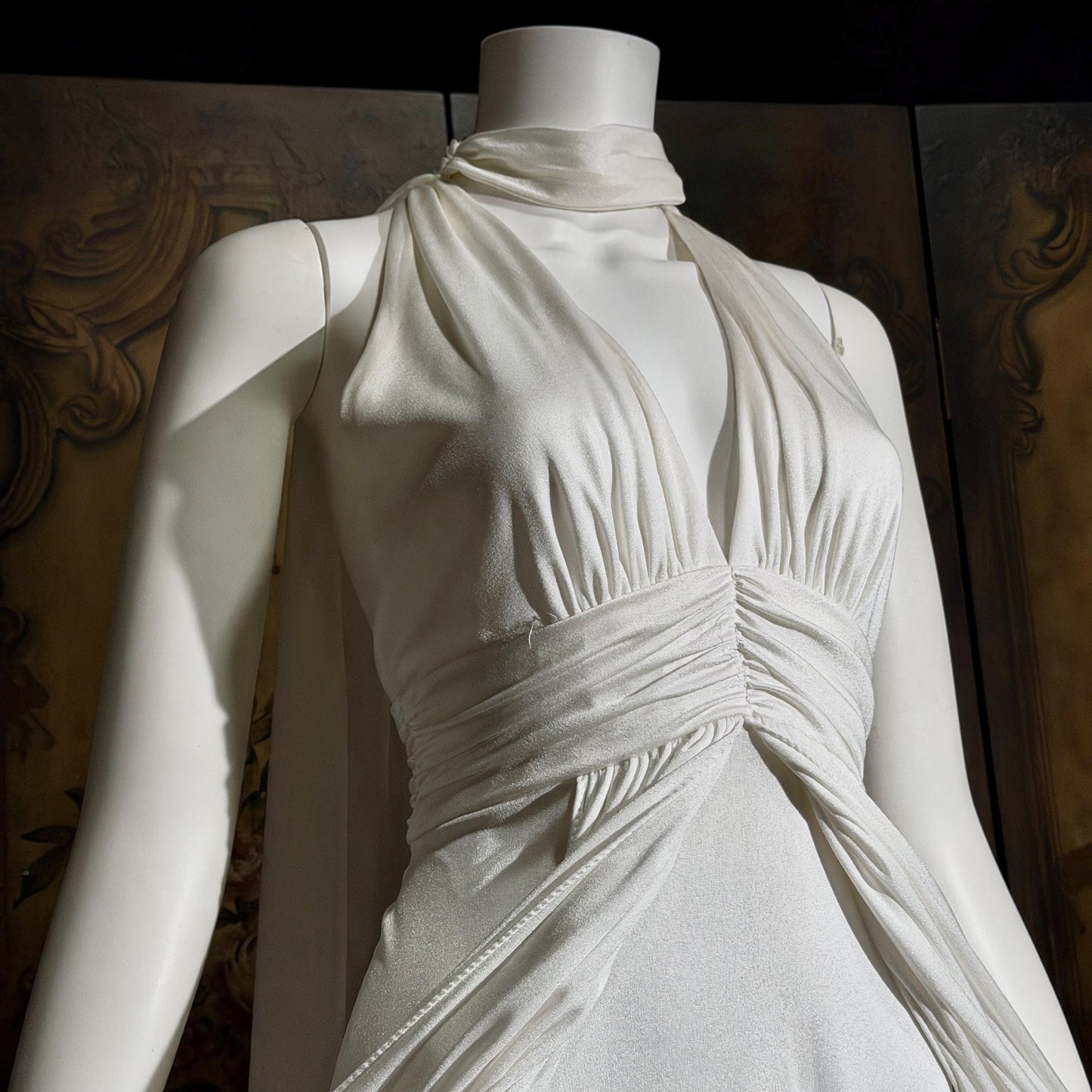 vintage wedding dress gown, 1970s Grecian Goddess white jersey knit gown drape panels