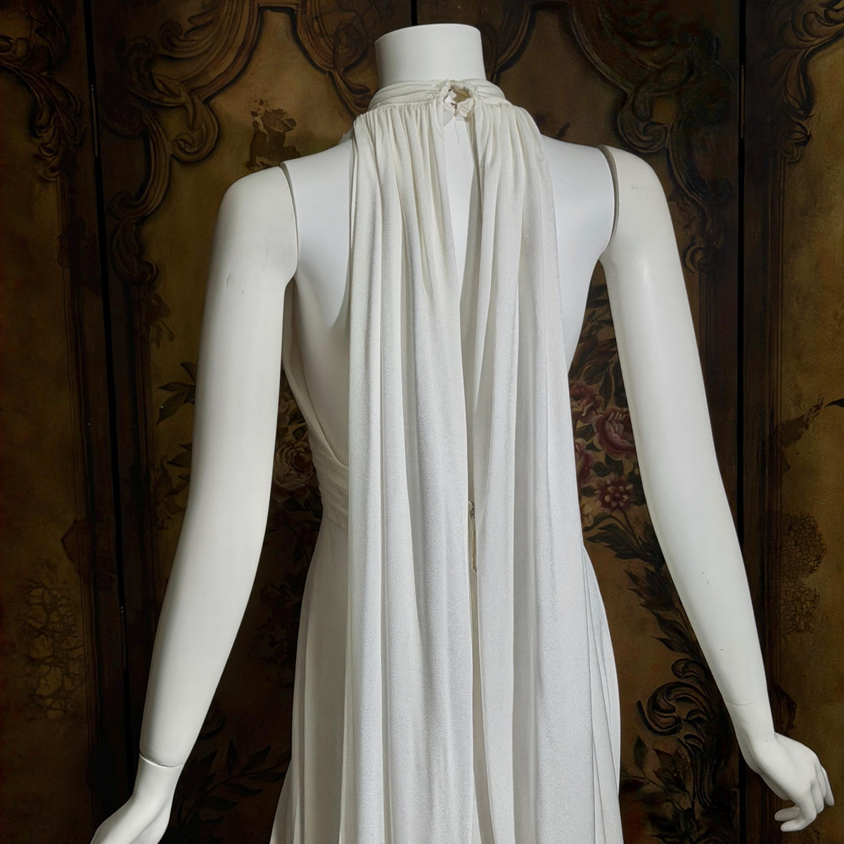 vintage wedding dress gown, 1970s Grecian Goddess white jersey knit gown drape panels