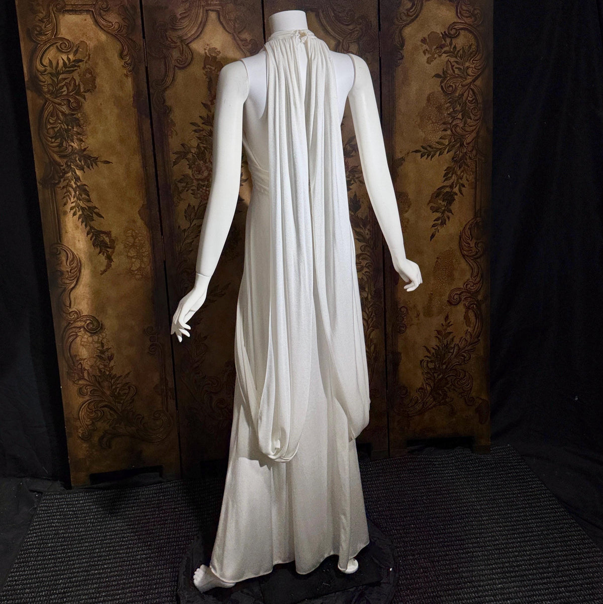 vintage wedding dress gown, 1970s Grecian Goddess white jersey knit gown drape panels