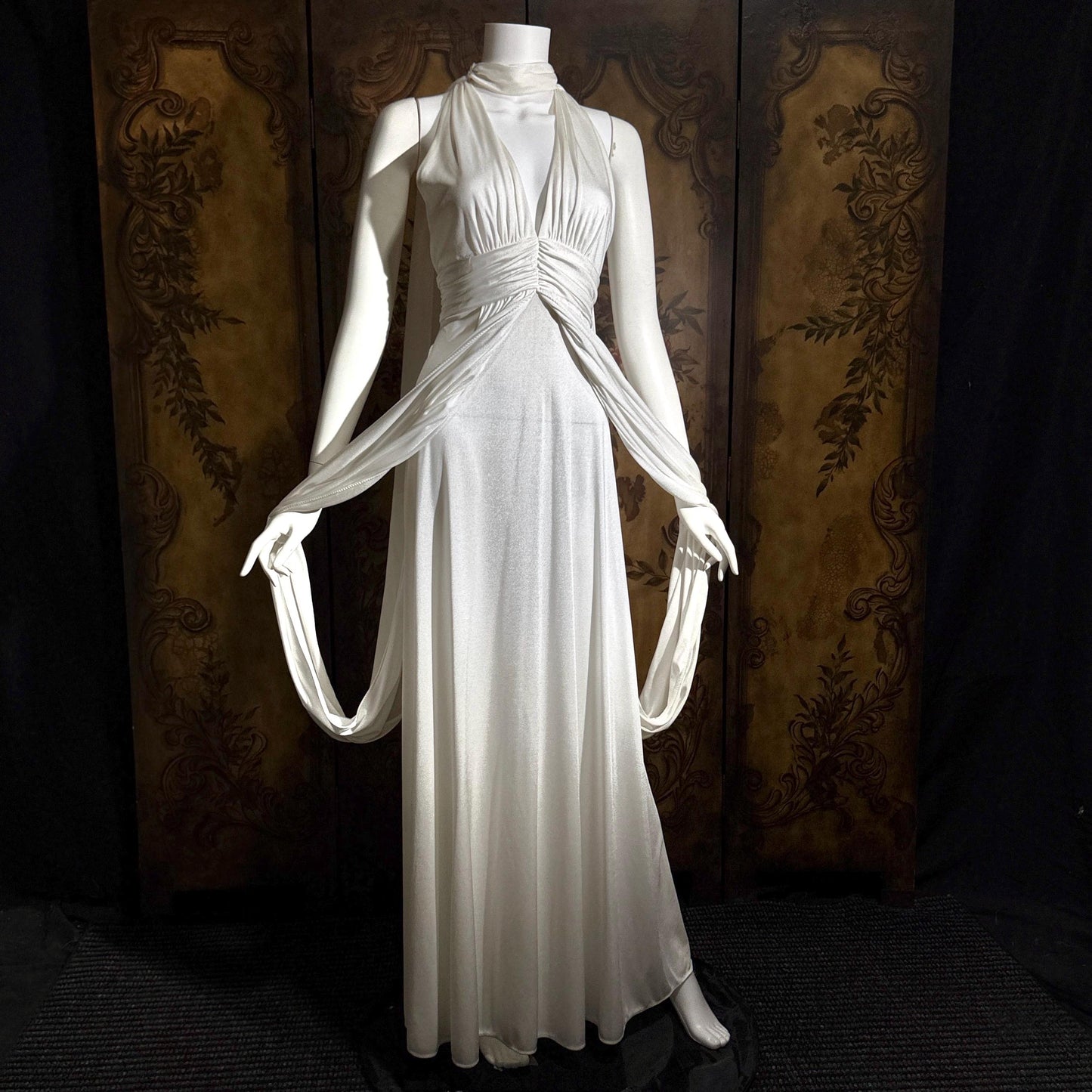 vintage wedding dress gown, 1970s Grecian Goddess white jersey knit gown drape panels