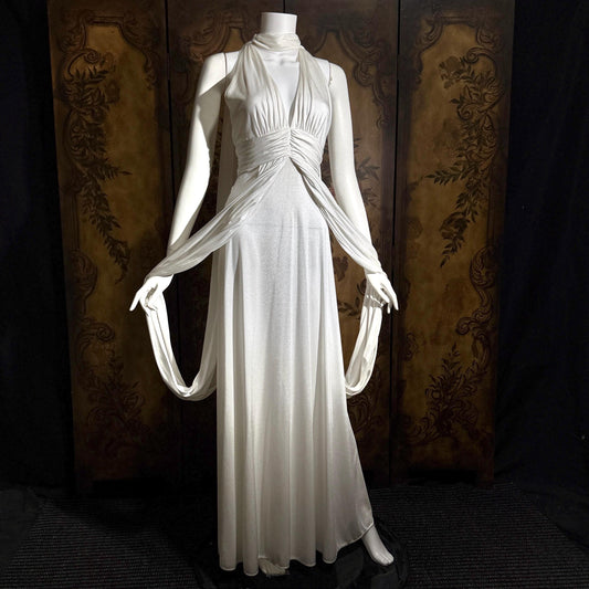 vintage wedding dress gown, 1970s Grecian Goddess white jersey knit gown drape panels