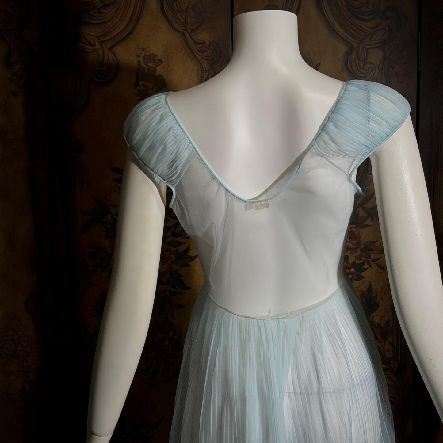 vintage 1940s Nightgown Slip dress, Micro Pleat blue puffed sleeve Lingerie Dress