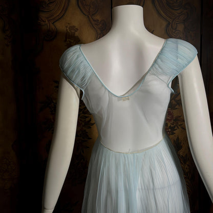 vintage 1940s Nightgown Slip dress, Micro Pleat blue puffed sleeve Lingerie Dress