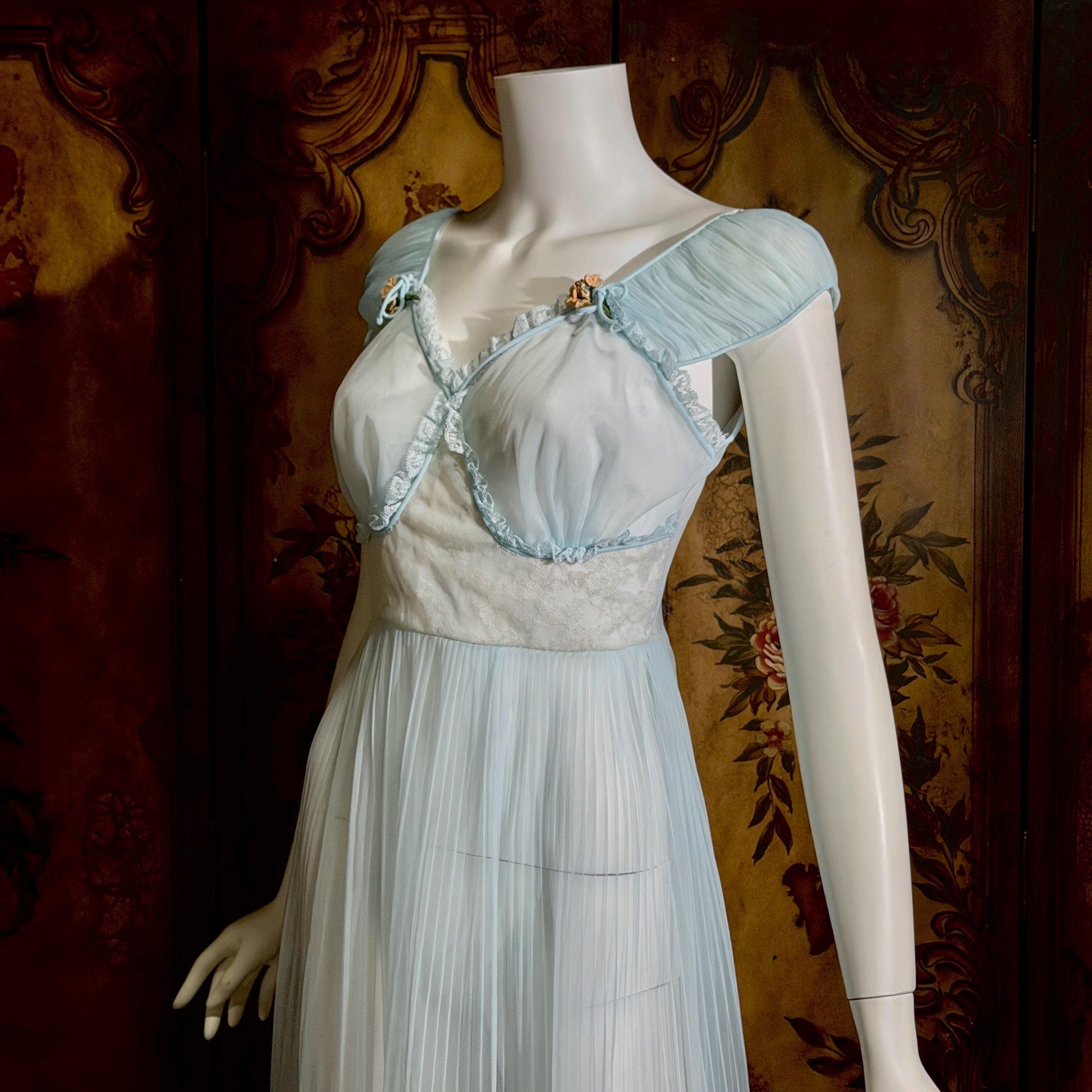 vintage 1940s Nightgown Slip dress, Micro Pleat blue puffed sleeve Lingerie Dress