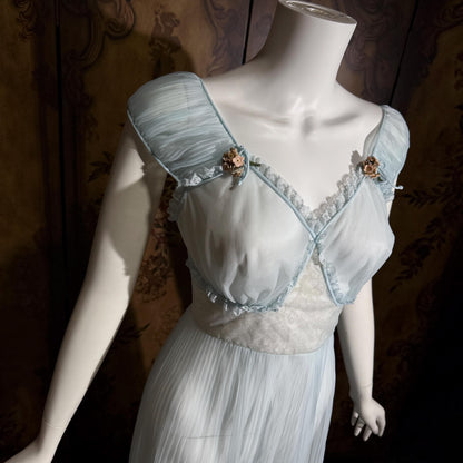 vintage 1940s Nightgown Slip dress, Micro Pleat blue puffed sleeve Lingerie Dress