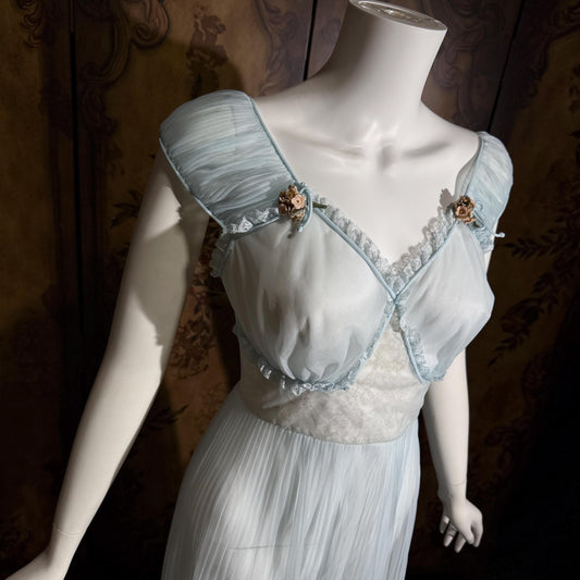 vintage 1940s Nightgown Slip dress, Micro Pleat blue puffed sleeve Lingerie Dress
