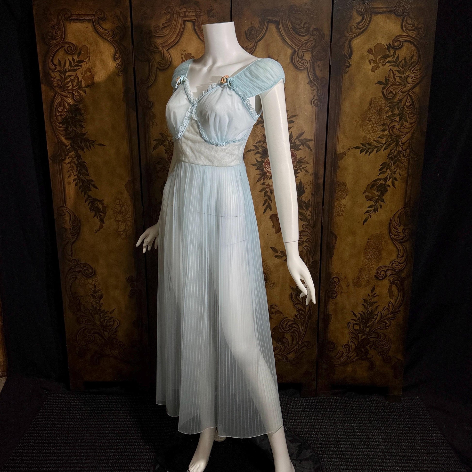 vintage 1940s Nightgown Slip dress, Micro Pleat blue puffed sleeve Lingerie Dress