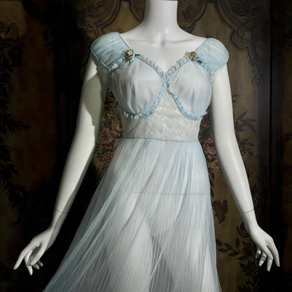 vintage 1940s Nightgown Slip dress, Micro Pleat blue puffed sleeve Lingerie Dress