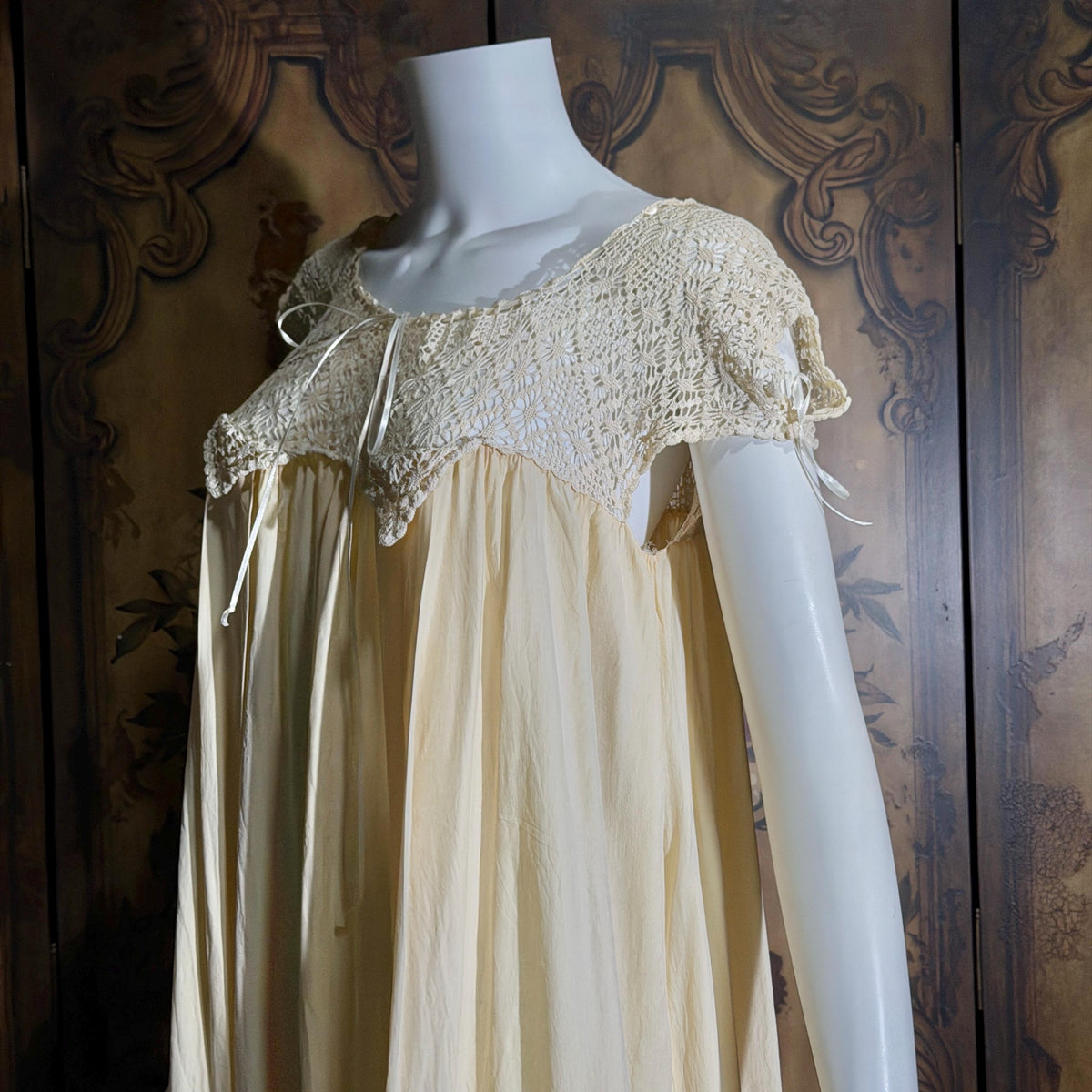 Vintage 1900s Edwardian silk nightgown slip dress, Ecru crochet babydoll night dress
