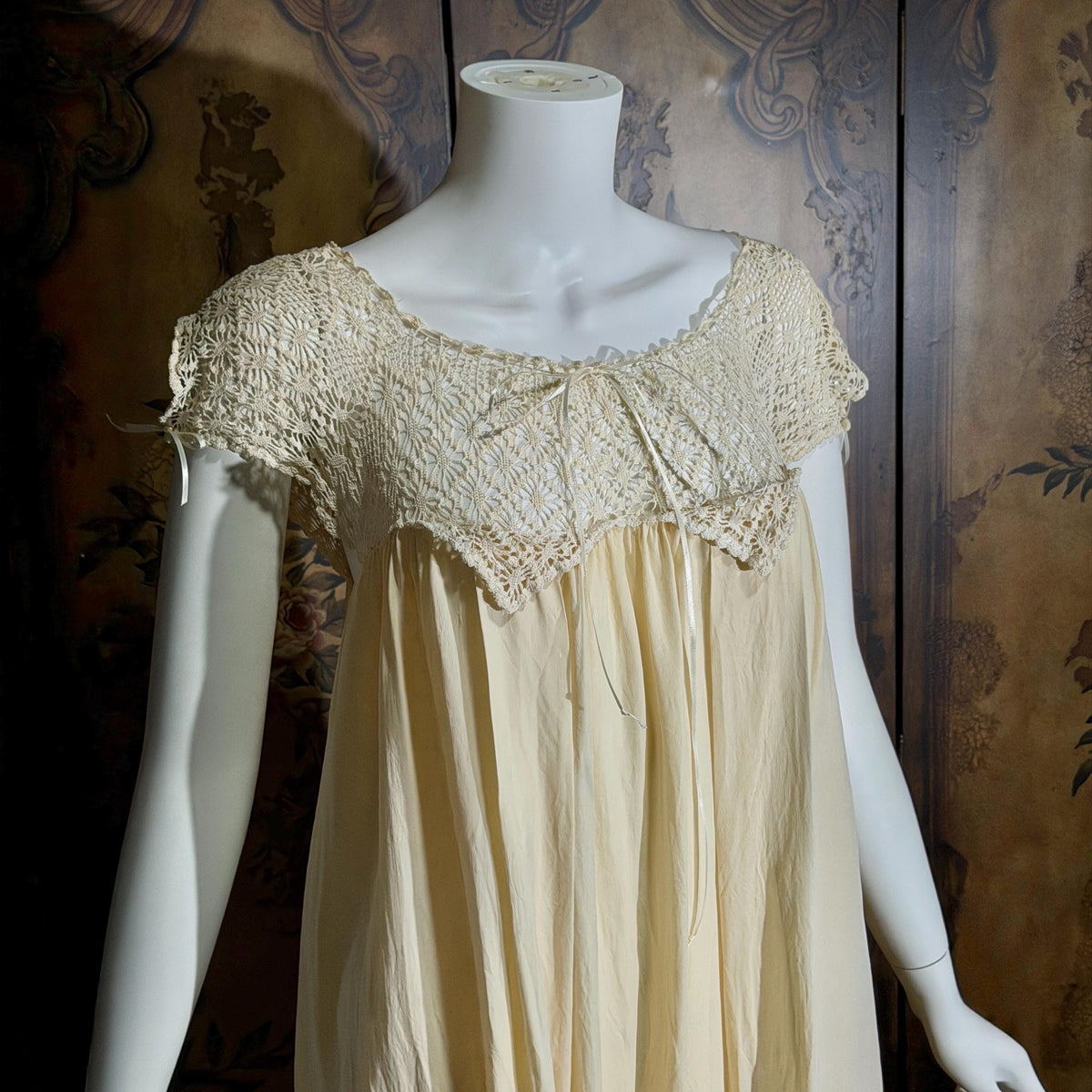 Vintage 1900s Edwardian silk nightgown slip dress, Ecru crochet babydoll night dress