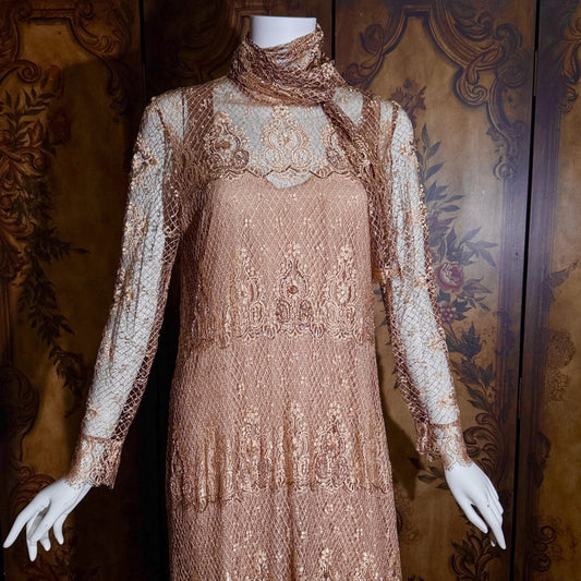 RINA di MONTELLA, vintage 1970s evening cocktail dress, silk lace high neck sequins beads