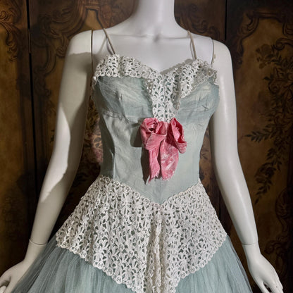vintage 1950s Cupcake Ball Gown, COTILLION Dusty Blue Formal Evening Prom dress