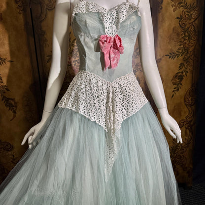 vintage 1950s Cupcake Ball Gown, COTILLION Dusty Blue Formal Evening Prom dress