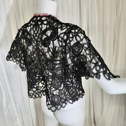Antique Victorian Mantelet, 1800s Black Tape Lace Bolero Evening Jacket