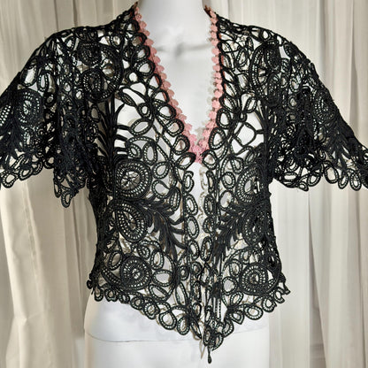 Antique Victorian Mantelet, 1800s Black Tape Lace Bolero Evening Jacket