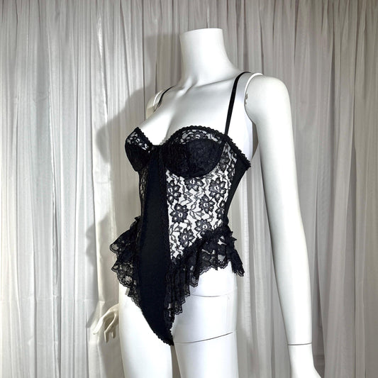 GIOVANNA vintage 1980s Lace Lingerie Teddy, black sheer lace teddy bodysuit