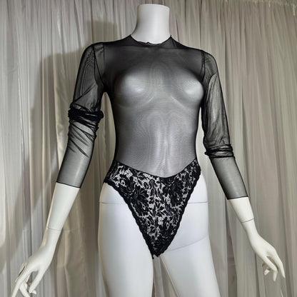 vintage 1980s Sheer Mesh Bodysuit, Black lace evening top lingerie