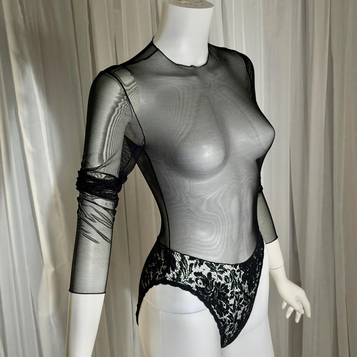 vintage 1980s Sheer Mesh Bodysuit, Black lace evening top lingerie