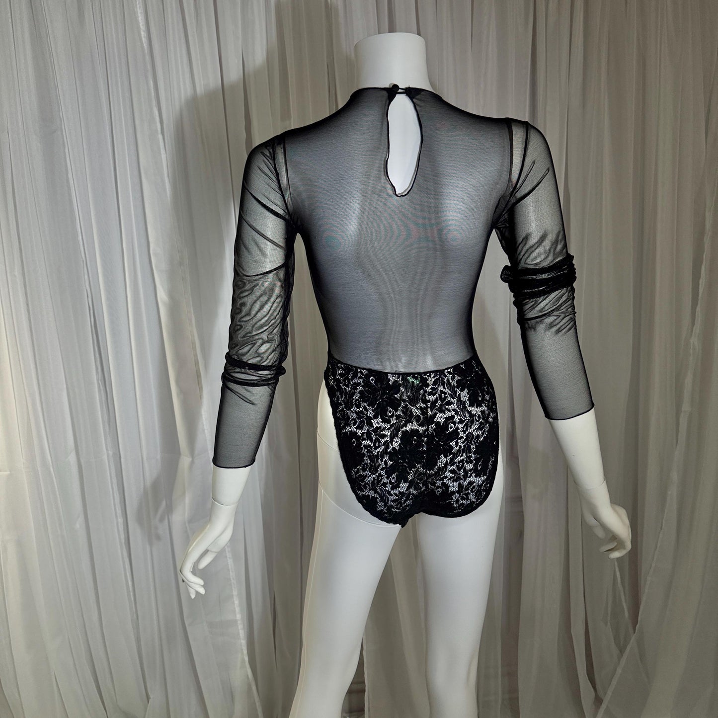vintage 1980s Sheer Mesh Bodysuit, Black lace evening top lingerie