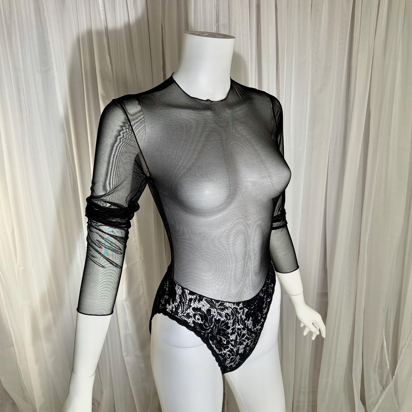 vintage 1980s Sheer Mesh Bodysuit, Black lace evening top lingerie