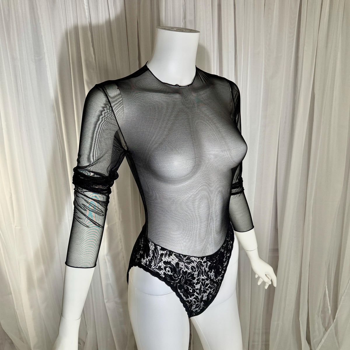 vintage 1980s Sheer Mesh Bodysuit, Black lace evening top lingerie