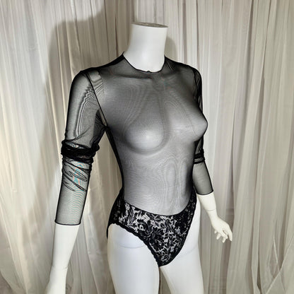 vintage 1980s Sheer Mesh Bodysuit, Black lace evening top lingerie
