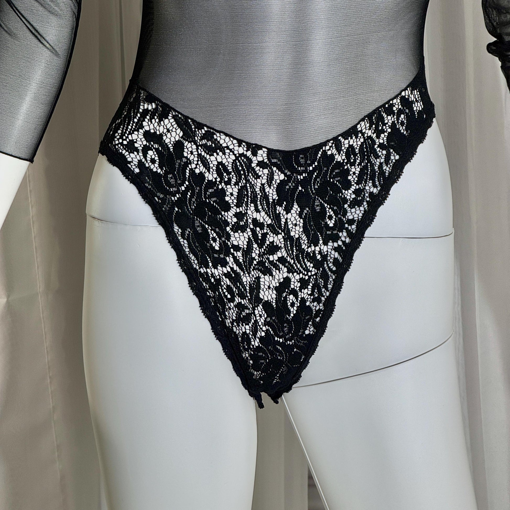 vintage 1980s Sheer Mesh Bodysuit, Black lace evening top lingerie