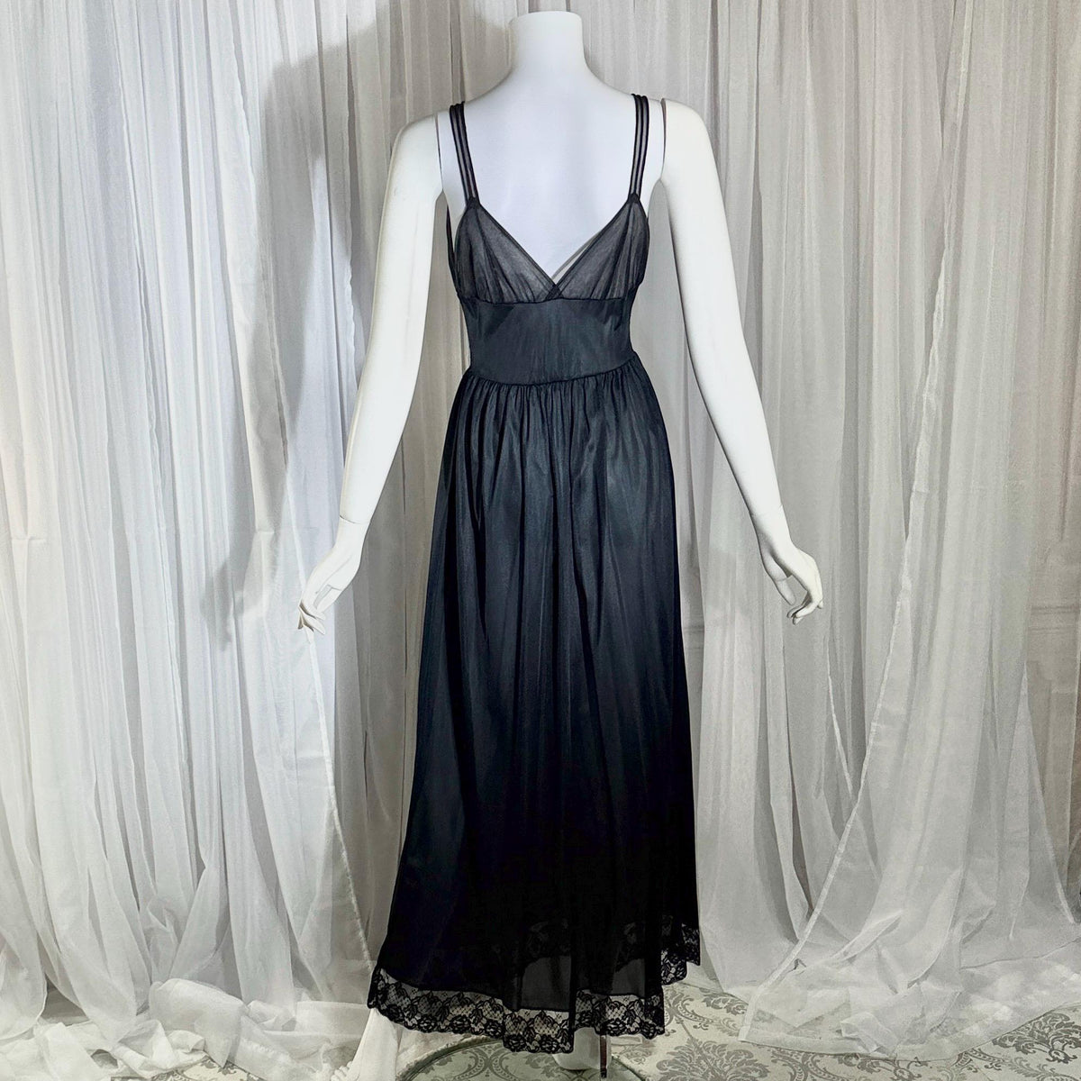 Rogers vintage 1950s Black Lace Nylon Nightgown Lingerie Slip Dress