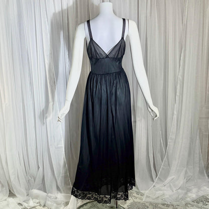 Rogers vintage 1950s Black Lace Nylon Nightgown Lingerie Slip Dress