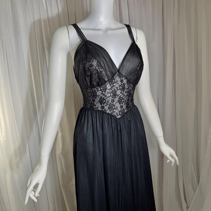 Rogers vintage 1950s Black Lace Nylon Nightgown Lingerie Slip Dress
