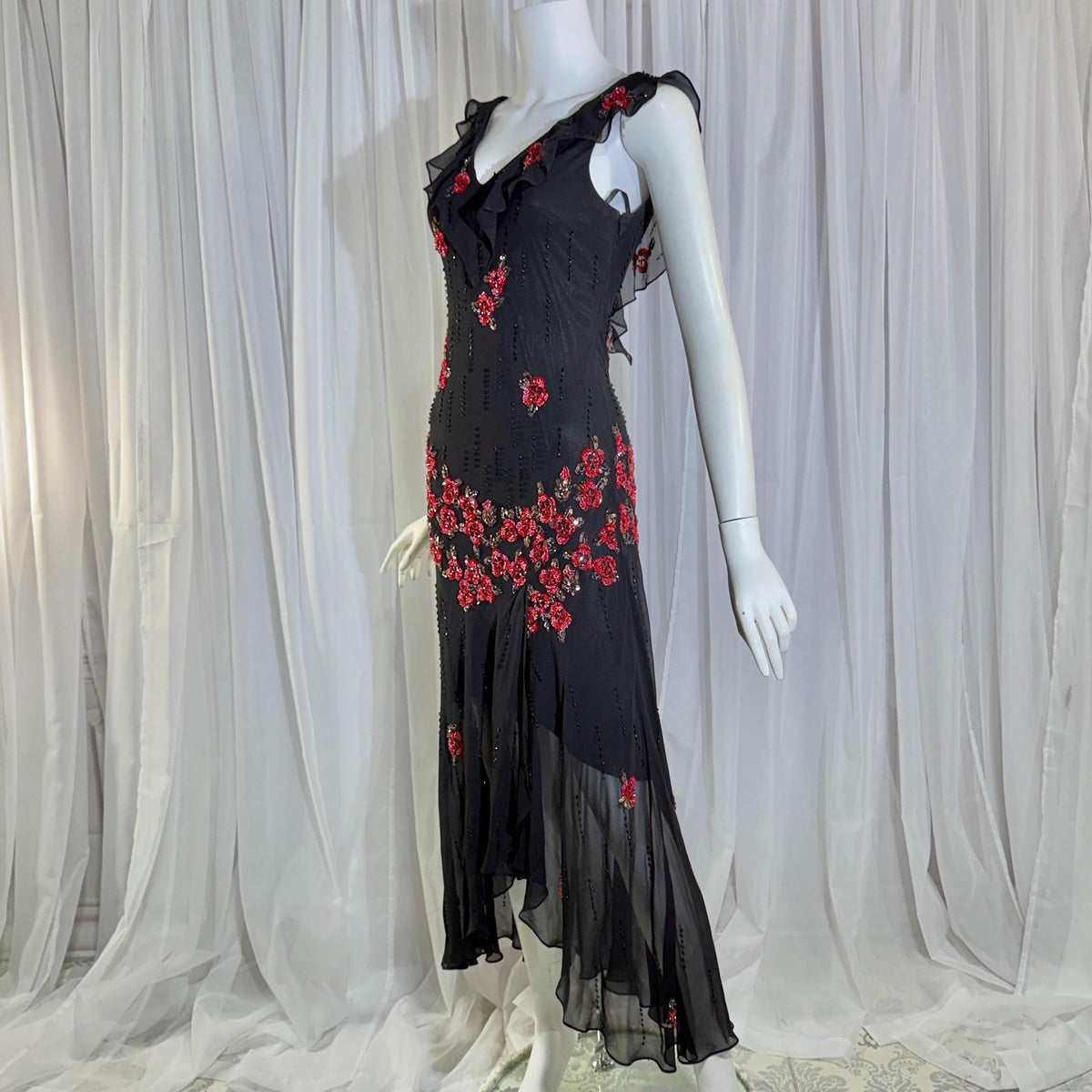Vintage 1990s SUE WONG Slip Dress, Black silk red beaded high low sheath gown