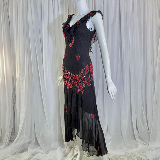 Vintage 1990s SUE WONG Slip Dress, Black silk red beaded high low sheath gown